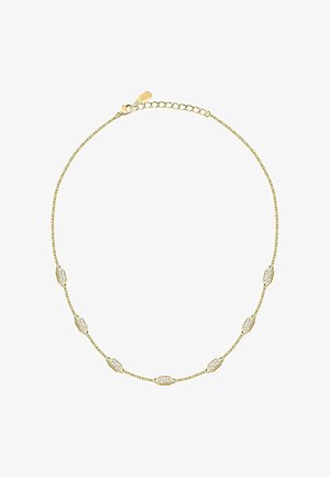 Delikat guldkædehalskæde med syv små rektangulære diamantbesatte led jævnt fordelt, med lobsterlås og forlængerkæde.