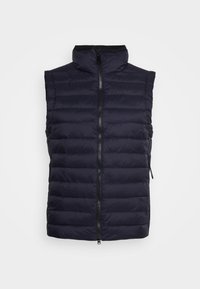 Navyblaue ärmellose Steppweste mit hohem Kragen, Reißverschluss vorne und horizontalem Steppmuster. Leicht und mit glatter Textur.