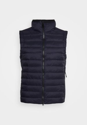 Marineblauwe mouwloze puffer vest met een hoge kraag, een ritssluiting aan de voorkant en een horizontaal gewatteerd patroon. Lichtgewicht, gladde textuur.