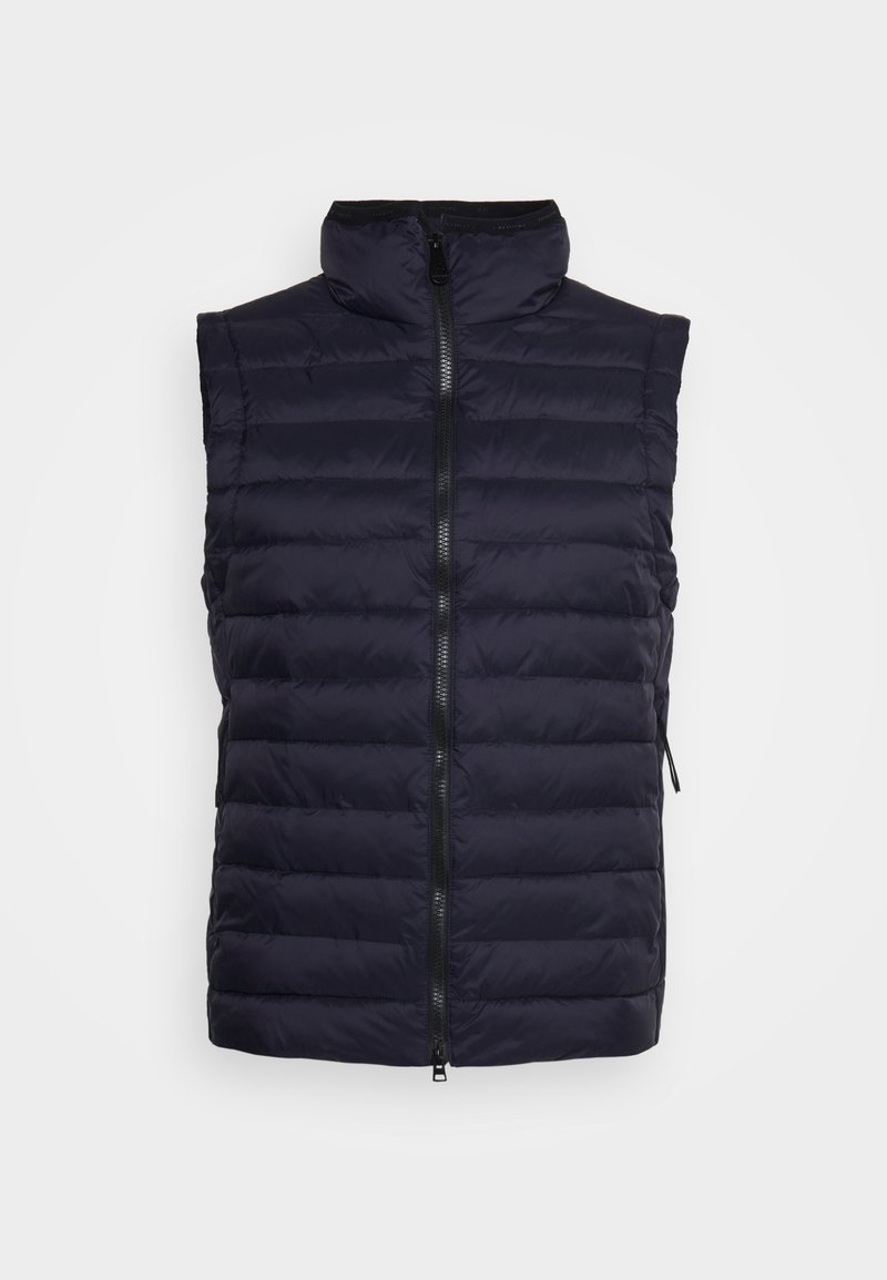 Navyblaue ärmellose Steppweste mit hohem Kragen, Reißverschluss vorne und horizontalem Steppmuster. Leicht und mit glatter Textur.