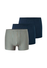 Tres pares de boxers para hombres: uno con rayas verticales azules y marrones, dos de color azul oscuro sólidamente. Tejido suave, cinturillas elásticas.
