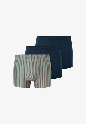 Drei Paare Herrenboxershorts: eine mit vertikalen blauen und braunen Streifen, zwei einfarbig dunkelblau. Weicher Stoff, elastische Bündchen.