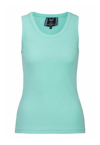 Licht mintgroen geribbeld tanktop gemaakt van rekbaar materiaal. Heeft een ronde halslijn, smalle schouderbandjes en een getailleerde pasvorm.