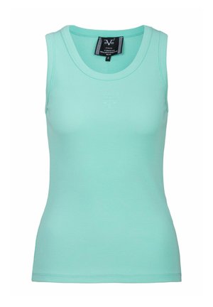 Licht mintgroen geribbeld tanktop gemaakt van rekbaar materiaal. Heeft een ronde halslijn, smalle schouderbandjes en een getailleerde pasvorm.
