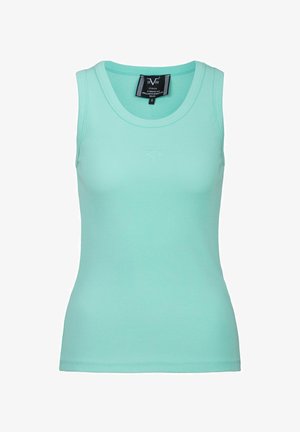Helles mintgrünes, geripptes Tanktop aus elastischem Material. Mit Rundhalsausschnitt, schmalen Trägern und figurbetontem Schnitt.