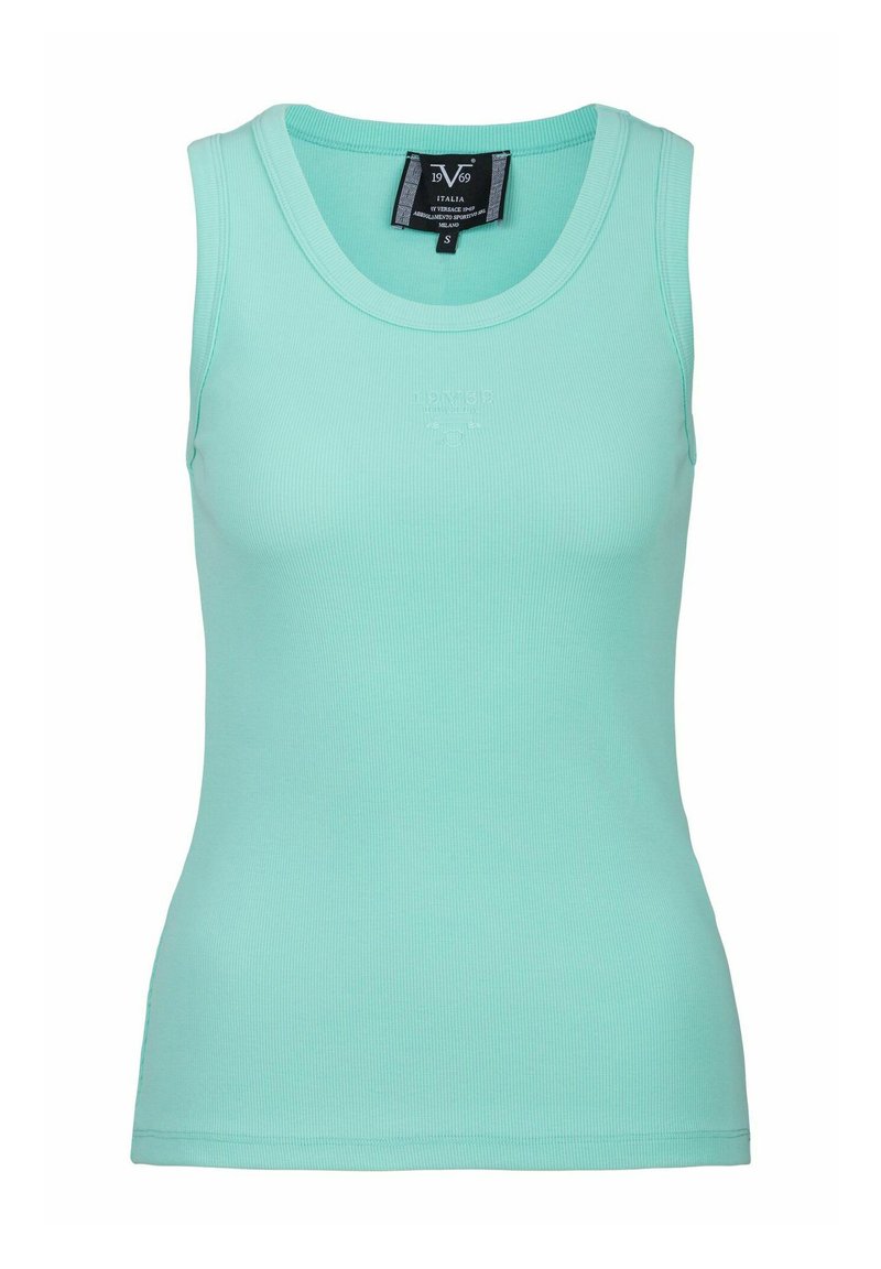 Licht mintgroen geribbeld tanktop gemaakt van rekbaar materiaal. Heeft een ronde halslijn, smalle schouderbandjes en een getailleerde pasvorm.
