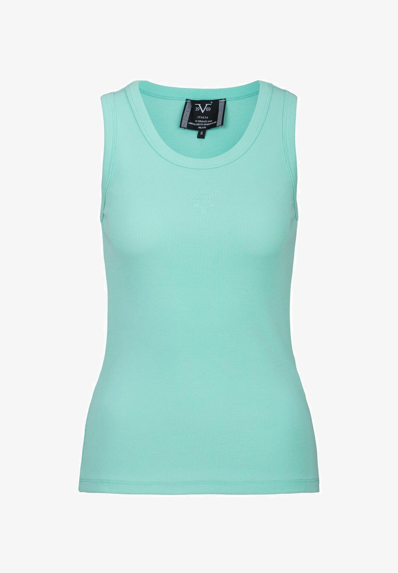 Licht mintgroen geribbeld tanktop gemaakt van rekbaar materiaal. Heeft een ronde halslijn, smalle schouderbandjes en een getailleerde pasvorm.