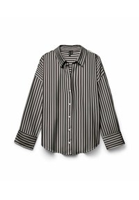 Camicia a maniche lunghe a righe con strisce verticali bianche e nere, dotata di colletto e orlo curvo. Tessuto dalla texture liscia.