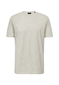 Lichtbeige t-shirt van zachte katoen, met een subtiel bladerenpatroon, ronde halslijn en korte mouwen. Minimalistisch ontwerp.