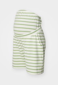 Stripete graviditetsshorts i hvit og lysegrønn, laget av mykt stoff. Har elastisk midje og sidelommer.