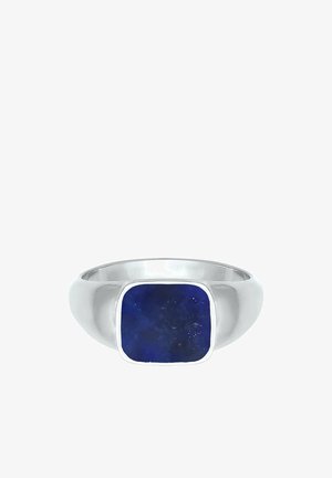 Bague en argent avec une pierre carrée en lapis-lazuli. Surface lisse, finition polie et tige arrondie élégante. La pierre présente une couleur bleu profond.
