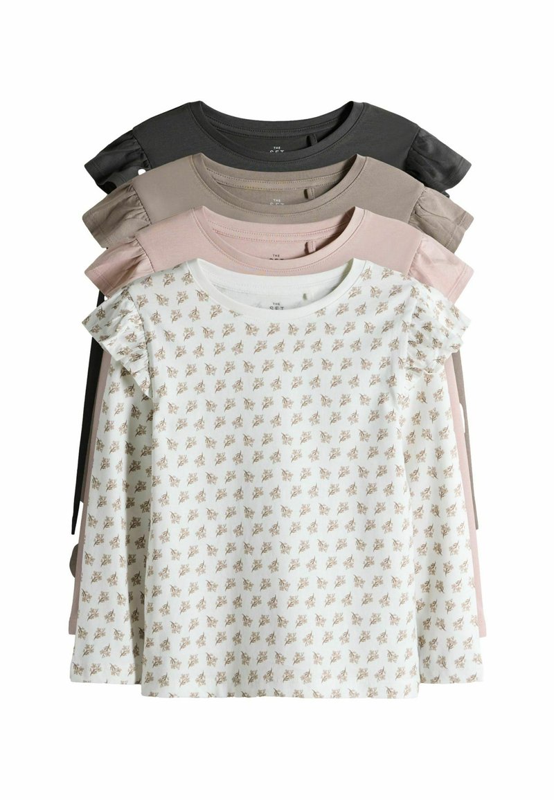 Četras garas piedurknes meiteņu blūzes, kas saliktas vienā kaudzē, ar ruffled pleciem; krāsas: melna, taupe, putekļsārtā un balta ar mazu brūnu ziedu rakstu.