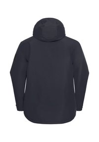 Giacca impermeabile di un blu navy scuro con cappuccio. Presenta maniche lunghe, una texture liscia e un leggero scollo posteriore. Design minimalista, senza hardware visibile.