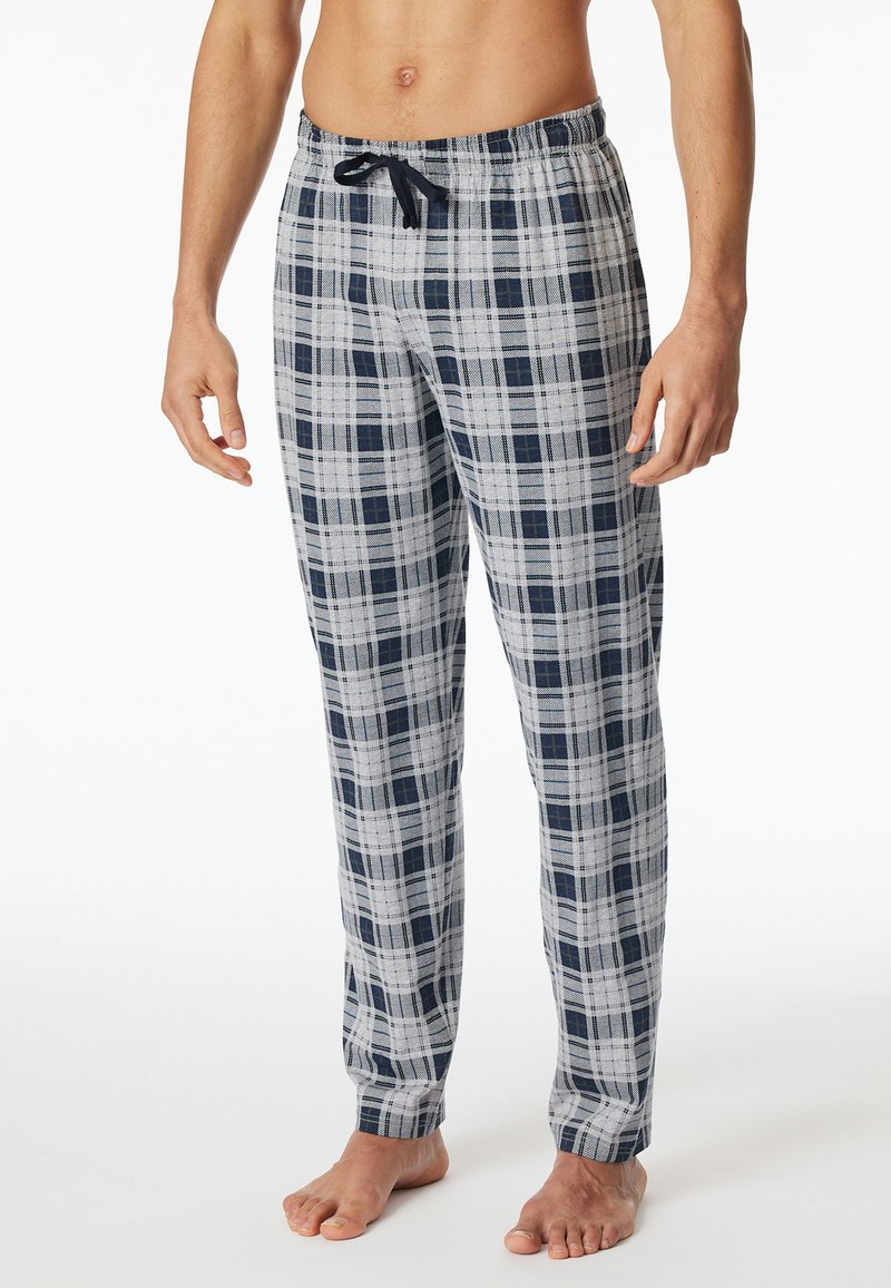 Pantalons de pyjama à carreaux en gris et bleu marine avec une taille élastique et un cordon de serrage. Présente des jambes droites et un tissu doux et léger.