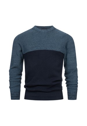 Knitted sweater featuring a high crew neck, color-block design with shades of blue and dark navy, textured fabric, and ribbed cuffs and hem.