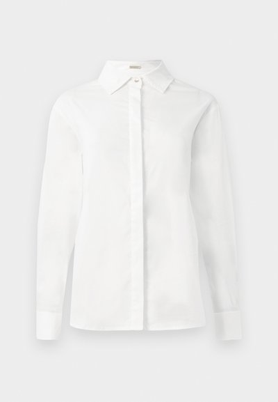 Weißes Langarmhemd aus glattem Baumwollstoff, mit spitzem Kragen, zentraler Knopfleiste und gerade geschnittenem Saum mit geknöpften Manschetten.