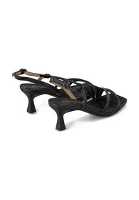 Schwarze Riemchensandalen mit offener Zehenpartie, quadratischer Form, dünnem Knöchelriemen und 7,5 cm Blockabsatz; glatte Textur mit dezenten Hardware-Akzenten.