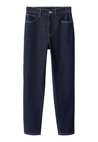 Jean droit bleu foncé avec poches avant, passants pour ceinture et fermeture par bouton.