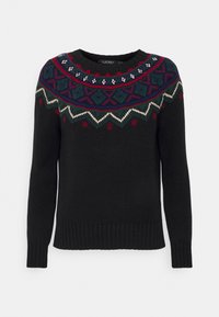 Pull noir en maille avec motifs géométriques et floraux multicolores autour du yoke, comprenant des touches de rouge, vert, bleu et crème.