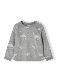 Gray fleece long-sleeve shirt featuring light gray dinosaur patterns, round neckline, and gray ribbed cuffs. Soft texture.