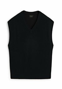 Schwarze ärmellose Strickweste mit V-Ausschnitt-Design, ausgestattet mit einem gerippten Muster und einer taillierten Form, aus einem gestrickten Stoff gefertigt.