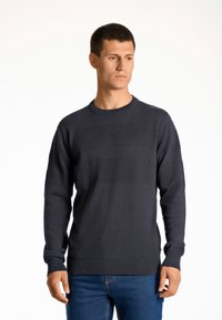 Navy gestrickter Pullover mit strukturiertem Design, horizontalen Streifen, Rundhalsausschnitt und langen Ärmeln, kombiniert mit blauen Jeans.