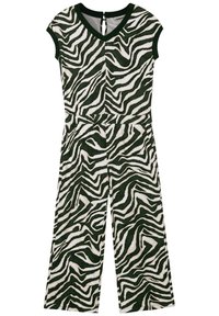 Zebra vzorovaný overal v tmavě zelené a bílé barvě, krátké rukávy, výstřih do V, široké nohavice, se štěrbinou na zádech. Měkká textura látky.