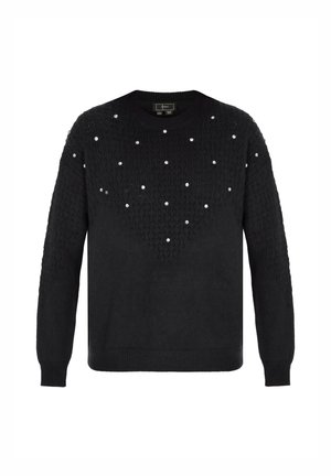 Čierny sveter s textúrovaným pleteným vzorom a hladkými sekciami, zdobený rozmiestnenými striebornými ozdobami vpredu. Štýl s okrúhlym výstrihom.