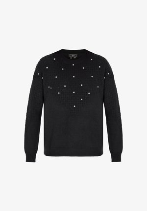 Čierny sveter s textúrovaným pleteným vzorom a hladkými sekciami, zdobený rozmiestnenými striebornými ozdobami vpredu. Štýl s okrúhlym výstrihom.
