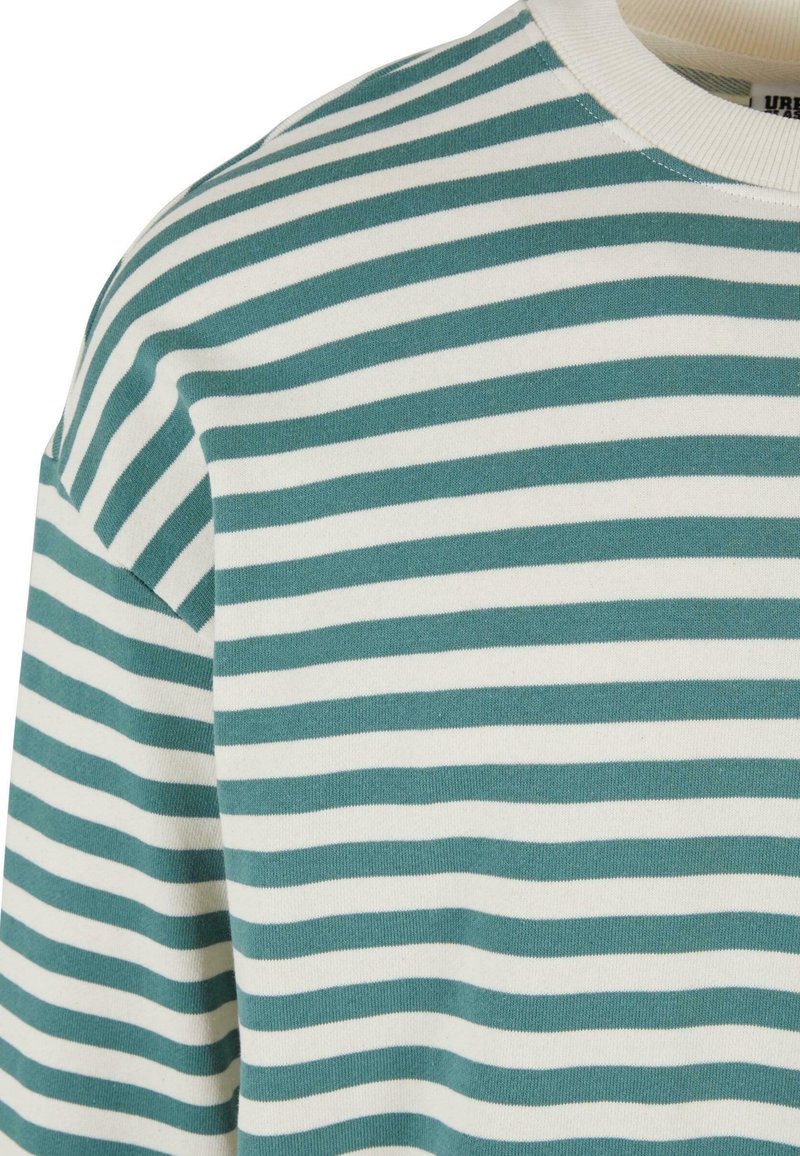 Sudadera a rayas con franjas alternas en color teal y blanco, cuello redondo acanalado, material de algodón suave y corte holgado.