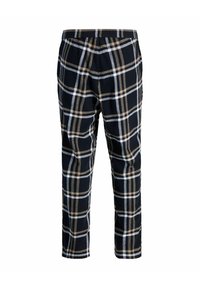 Pantaloni a quadri neri con righe beige e bianche, realizzati in un tessuto testurizzato, con una vita elasticizzata e gambe affusolate.