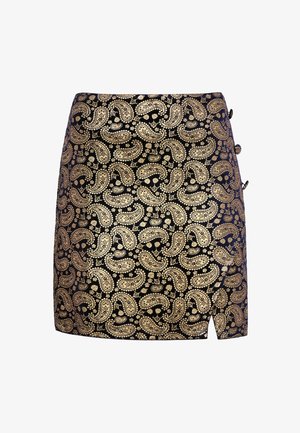 Zwarte rok met een gouden paisleypatroon, met een rechte snit, zijknopen en een split aan de linkerkant. Soepele textuur.