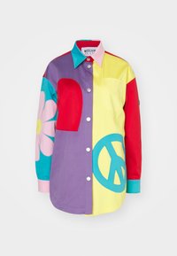 Multicolored button-up shirt featuring large peace sign and flower designs, with sections in red, blue, yellow, purple, and pink.