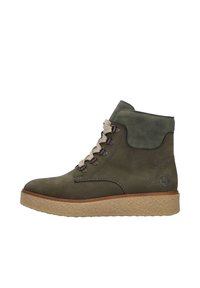 Bottine en cuir vert avec lacets beiges, semelle intermédiaire texturée et logo rond sur le côté. Conception robuste avec un talon légèrement surélevé.