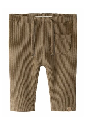 Brown ribbed corduroy trousers with a stretchy waistband, adjustable drawstring, and a patch pocket on the right side.