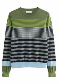 Striped sweater in green, navy, and gray. Features a crew neckline and ribbed cuffs. Made of soft knit fabric with varying striped patterns.