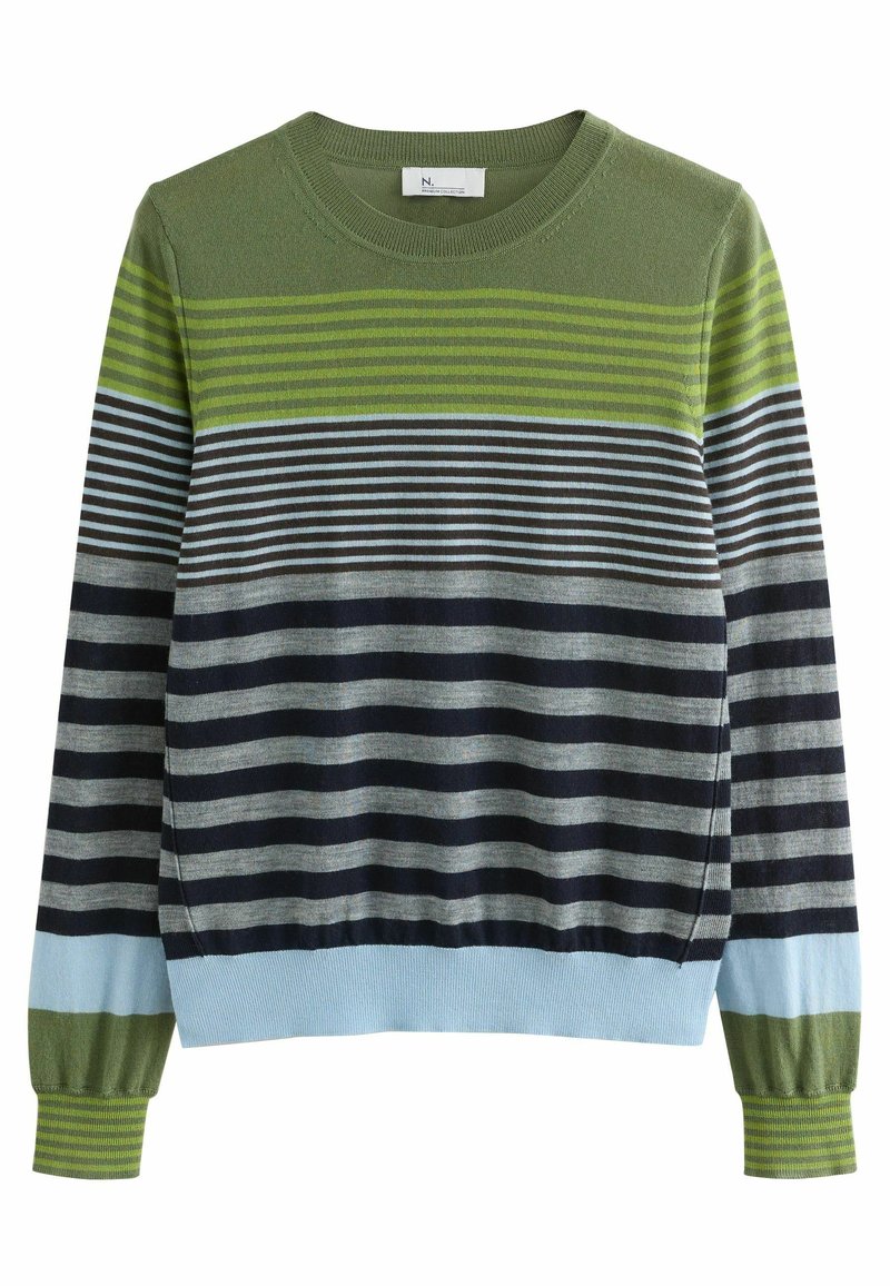 Striped sweater in green, navy, and gray. Features a crew neckline and ribbed cuffs. Made of soft knit fabric with varying striped patterns.