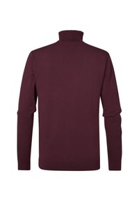 Pull à col roulé bordeaux en tissu tricoté doux, doté de manches longues et d'un col et d'un ourlet côtelés. Design simple et sans couture au dos.