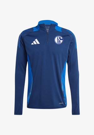 Marineblaues Sporttrikot mit langen Ärmeln, Viertel-Reißverschluss, blauen Seitenpaneelen, Adidas-Logo rechts und Schalke 04 Vereinswappen auf der linken Brust.