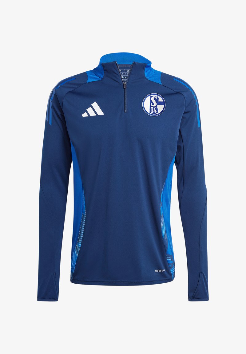 Maillot de sport manches longues bleu marine avec fermeture éclair quart de zip, panneaux latéraux bleus, logo Adidas à droite et blason du club Schalke 04 sur la poitrine gauche.