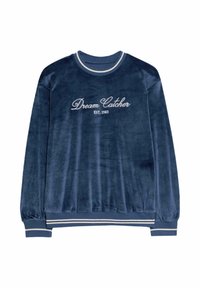 Felpa in velluto blu navy con la scritta ricamata in bianco "Dream Catcher EST. 1983" sul davanti. Collo a girocollo e polsini a costine con dettagli a righe.