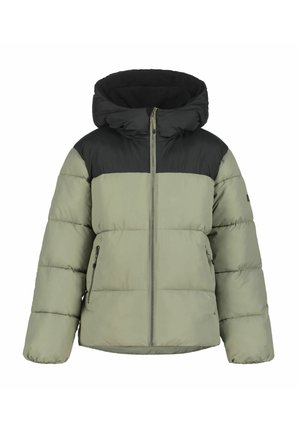 Gepolsterte grüne Jacke mit schwarzem oberen Bereich, Frontreißverschluss, Kapuze und Reißverschlusstaschen an den Seiten.
