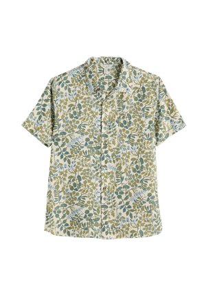 Rövid ujjú, gombos ing zöld és kék leveles botanikus mintával világos bézs alapon.