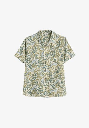 Rövid ujjú, gombos ing zöld és kék leveles botanikus mintával világos bézs alapon.