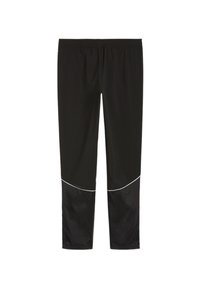 Pantaloni sportivi neri con vita elastica, caratterizzati da un pannello inferiore lucido nero e cuciture di accento bianche.