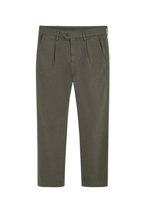 Olijfgroene, geplooide chino's met een rechte pijp, gemaakt van katoen. Voorzien van een knoopsluiting en zijzakken. Glad textuur, geen zichtbare patronen.