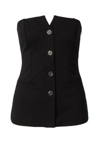 Schwarze Weste mit tailliertem Design, V-Ausschnitt, sechs Knöpfen und zwei Fronttaschen. Aus strukturiertem Stoff gefertigt und mit klaren Linien versehen.