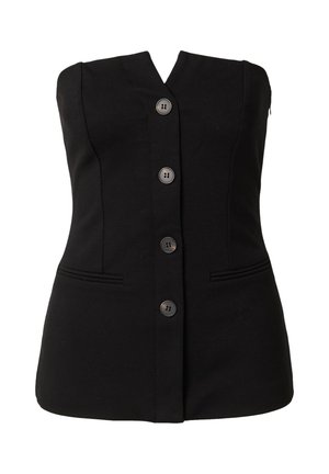 Zwarte vest met een getailleerd ontwerp, V-hals, zes knopen en twee voorkruiszakken. Gemaakt van textuurstof, met strakke lijnen.