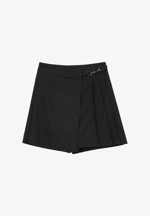 Black shorts with a pleated design, featuring a side snap closure and a metallic accent. Made from a smooth, lightweight fabric.