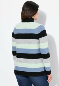 Strickpullover mit vertikalen Streifen in hellgrün, blau, grau und schwarz. Hoher Kragen und lange Ärmel mit lockerer Passform.